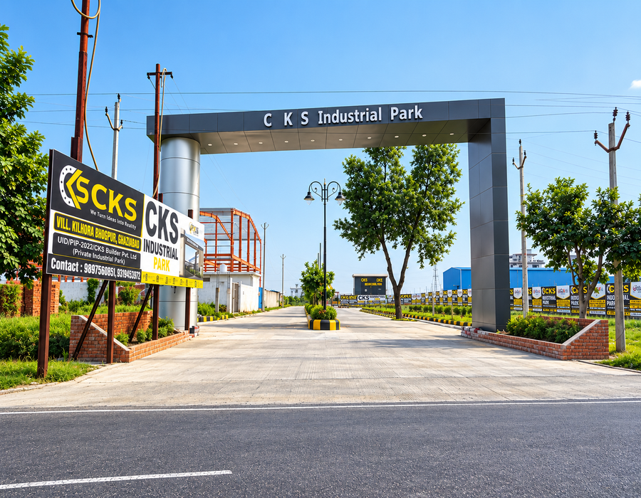 Aerial overview of CKS Industrial Park master development in Bhojpur, Ghaziabad